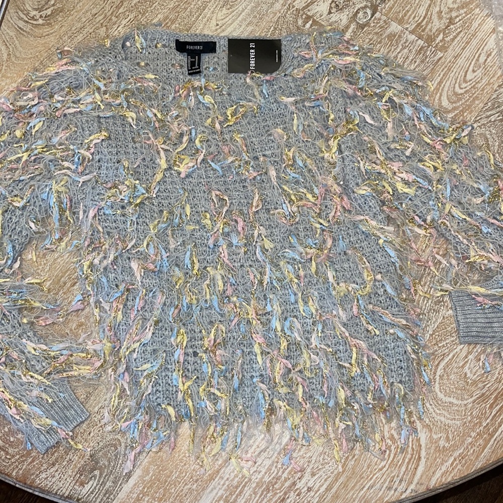 NWT Forever 21 gray blue gold pink Shag Sweater!